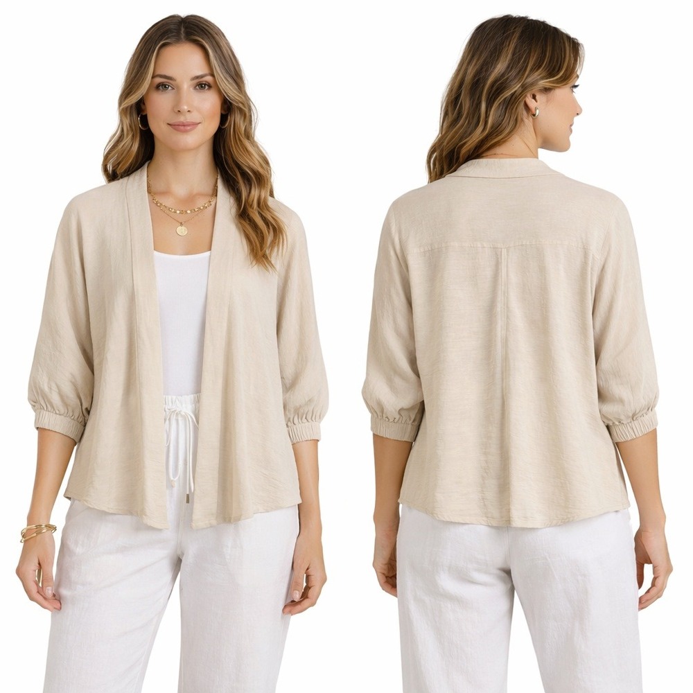 Cato Cardigan Womens Medium Beige Open Front  3/4 Sleeve Textured Layering Top